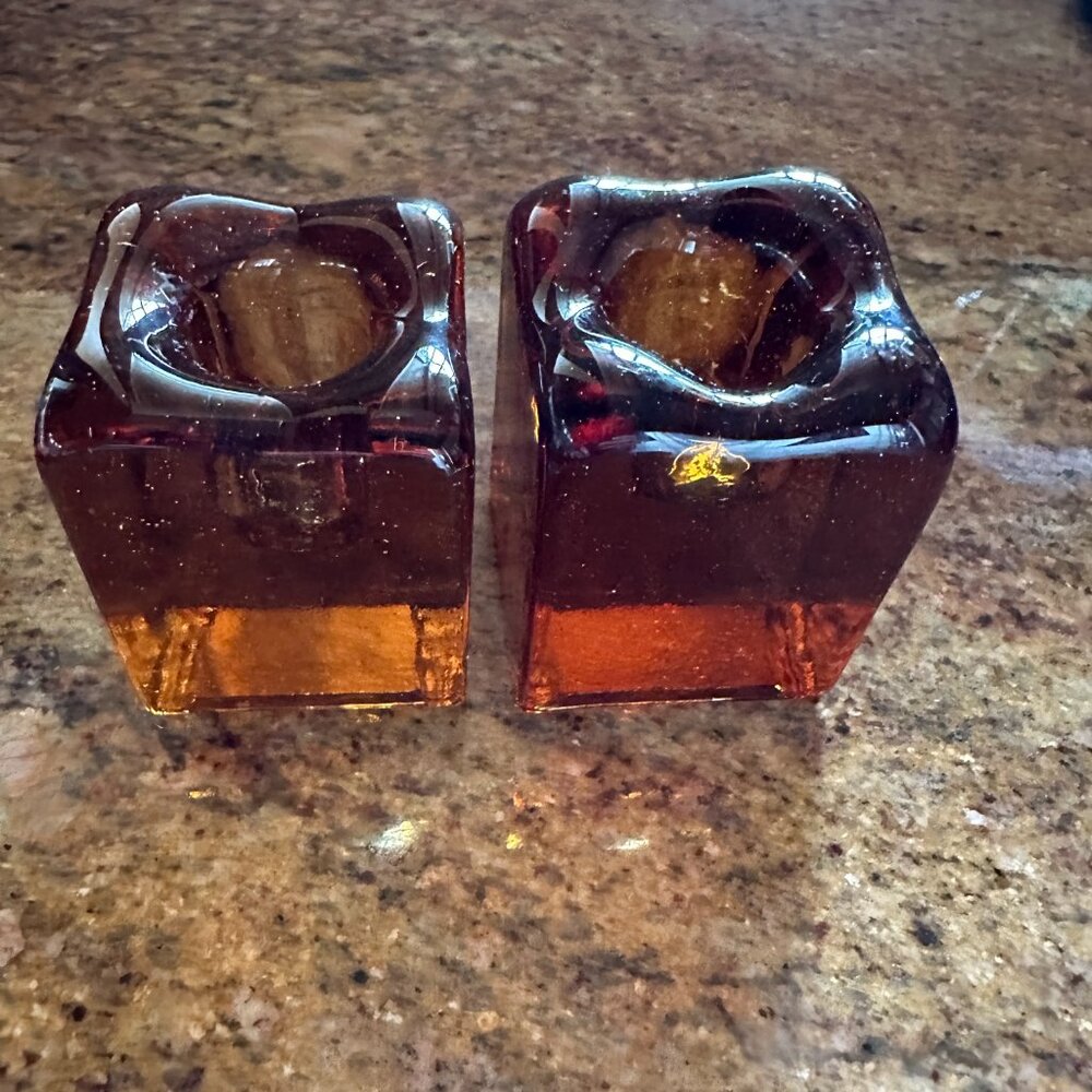 Blenko Amber Ice Cube Pillar Candlestick Holder Set of 2 MCM VTG Art Glass